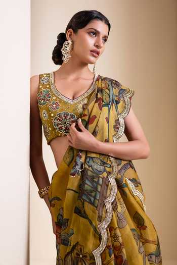 Shop_Aamra By Lavanya_Yellow Silk, Organza V-neck Hand Embroidered Saree With Blouse _Online_at_Aza_Fashions