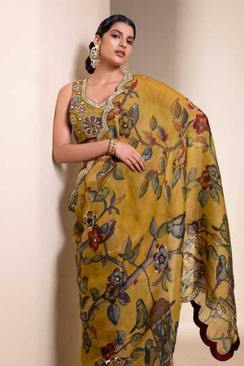 Aamra By Lavanya_Yellow Silk, Organza V-neck Hand Embroidered Saree With Blouse _at_Aza_Fashions