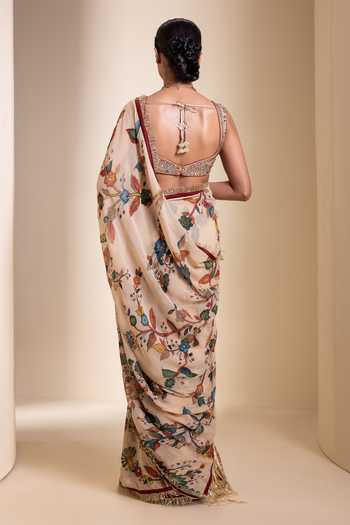Shop_Aamra By Lavanya_Ivory Silk, Georgette Sweetheart Neck Floral Print Saree With Blouse _at_Aza_Fashions