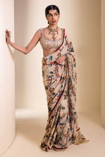 Buy_Aamra By Lavanya_Ivory Silk, Georgette Sweetheart Neck Floral Print Saree With Blouse _at_Aza_Fashions
