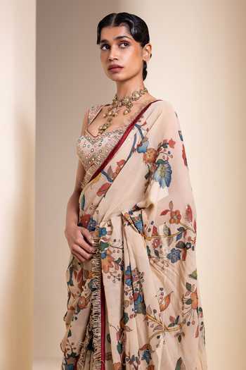 Buy_Aamra By Lavanya_Ivory Silk, Georgette Sweetheart Neck Floral Print Saree With Blouse _Online_at_Aza_Fashions