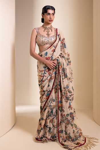 Aamra By Lavanya_Ivory Silk, Georgette Sweetheart Neck Floral Print Saree With Blouse _at_Aza_Fashions