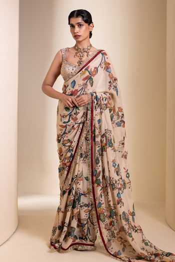 Buy_Aamra By Lavanya_Ivory Silk, Georgette Sweetheart Neck Floral Print Saree With Blouse 