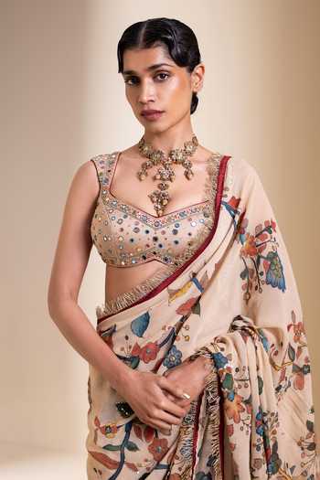Shop_Aamra By Lavanya_Ivory Silk, Georgette Sweetheart Neck Floral Print Saree With Blouse 