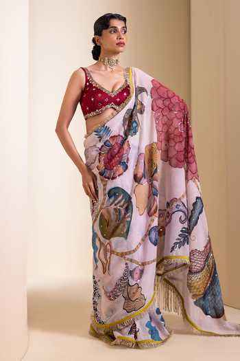 Buy_Aamra By Lavanya_Ivory Silk, Georgette Sweetheart Neck Floral Pattern Saree With Blouse _Online_at_Aza_Fashions