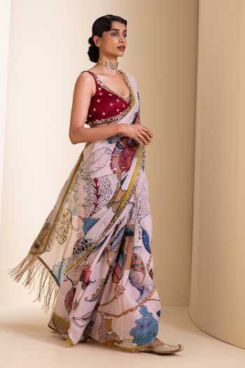 Shop_Aamra By Lavanya_Ivory Silk, Georgette Sweetheart Neck Floral Pattern Saree With Blouse _Online_at_Aza_Fashions