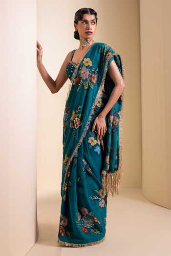 Buy_Aamra By Lavanya_Teal Silk, Georgette V-neck Kalamkari Pattern Saree With Blouse _Online_at_Aza_Fashions