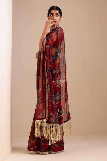Aamra By Lavanya_Maroon Silk, Georgette V-neck Kalamkari Pattern Saree And Blouse Set _Online_at_Aza_Fashions