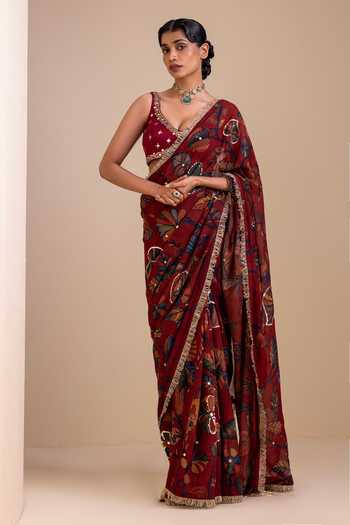 Buy_Aamra By Lavanya_Maroon Silk, Georgette V-neck Kalamkari Pattern Saree And Blouse Set _at_Aza_Fashions