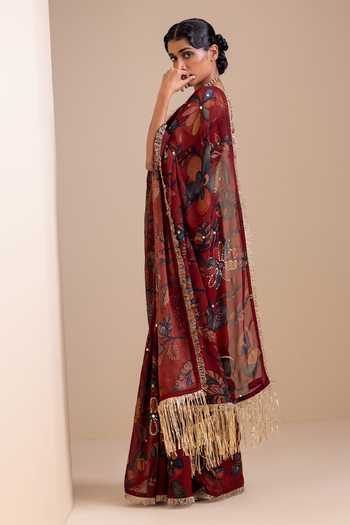 Buy_Aamra By Lavanya_Maroon Silk, Georgette V-neck Kalamkari Pattern Saree And Blouse Set _Online_at_Aza_Fashions