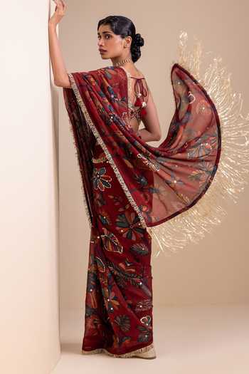 Shop_Aamra By Lavanya_Maroon Silk, Georgette V-neck Kalamkari Pattern Saree And Blouse Set _at_Aza_Fashions