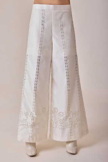Buy_Needleten_Ivory Taffeta, Mesh Cut Work, Embroidery Floral Cutwork Palazzo _Online_at_Aza_Fashions
