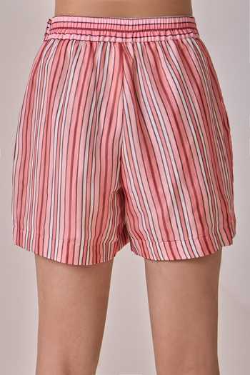 Shop_Needleten_Pink Vegan Silk, Organza Striped Shorts _at_Aza_Fashions