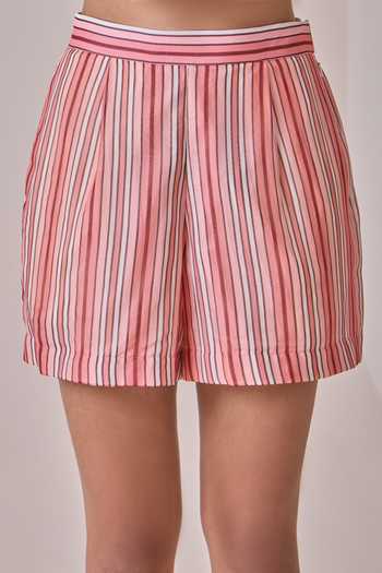 Needleten_Pink Vegan Silk, Organza Striped Shorts _Online_at_Aza_Fashions