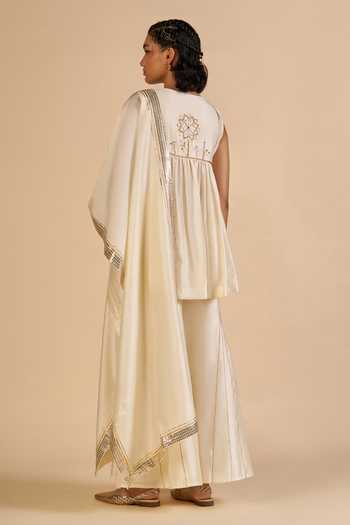 Shop_Gulabo By Abu Sandeep_Off White Chanderi Zari Embroidered Flared Pant _at_Aza_Fashions