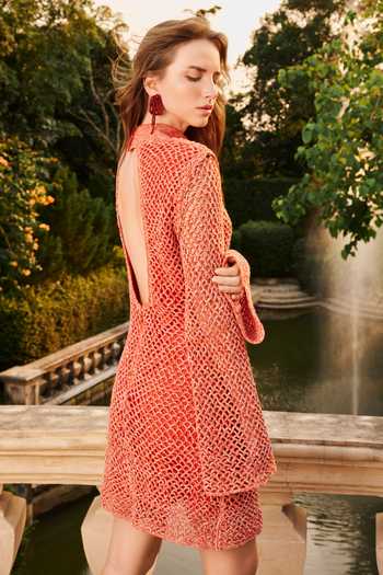 Shop_House Of Eda_Rust Cotton High Neck Dylyn Hand Knitted Crochet Dress _at_Aza_Fashions