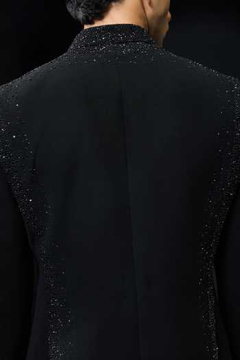 Shop_Sarab Khanijou_Black Sequins, Pearls Sandwash Bandhgala And Pant Set _at_Aza_Fashions