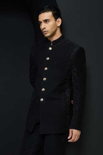 Buy_Sarab Khanijou_Black Sequins, Pearls Sandwash Bandhgala And Pant Set _Online_at_Aza_Fashions
