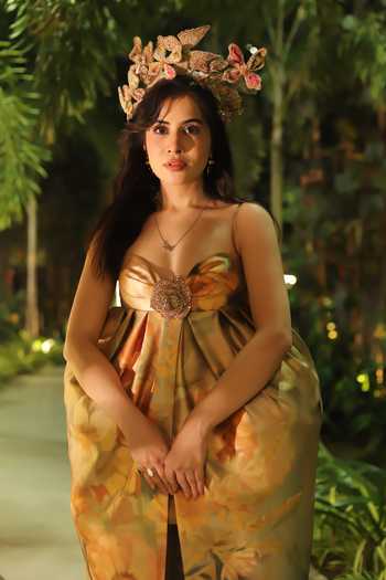 Buy_Gauri & Nainika_Gold Stones, Crystals, Fabric Flowers Draped Empire Cut Structured Gown _at_Aza_Fashions