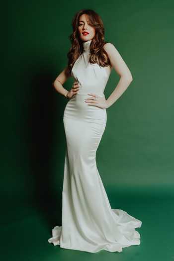 Buy_Gauri & Nainika_Ivory Satin Halter Neck Mermaid Gown _at_Aza_Fashions