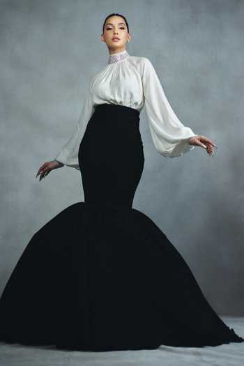 Buy_Gauri & Nainika_Black Chiffon Crystals High Neck Sculpted Mermaid Gown _at_Aza_Fashions