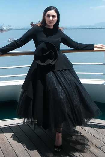Buy_Gauri & Nainika_Black Tulle High Neck Tea Length Structured Rose Dress _at_Aza_Fashions