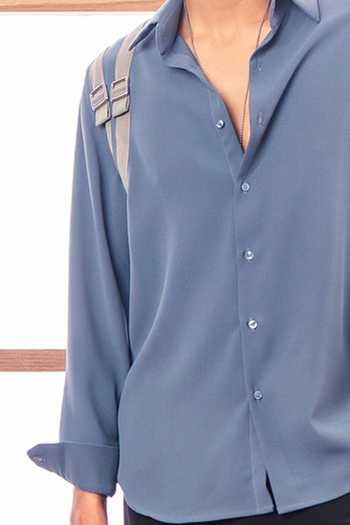 ROHIT DOSHI_Blue Crepe Armour Petrol Shoulder Strap Shirt _Online_at_Aza_Fashions