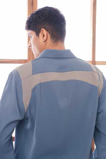 Shop_ROHIT DOSHI_Blue Crepe Armour Petrol Shoulder Strap Shirt _at_Aza_Fashions