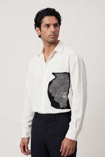 Shop_Rohit Doshi_Off White Polyester Erode Placed Patch Pattern Shirt _at_Aza_Fashions