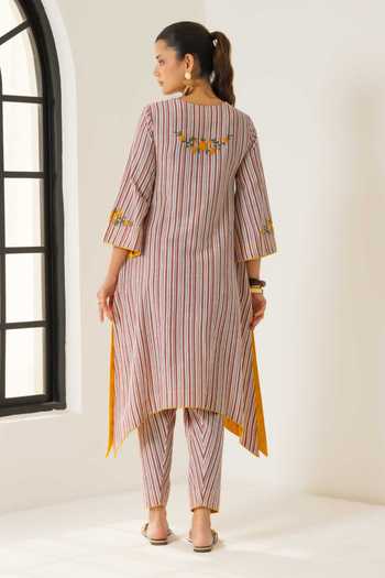 Shop_Dohr India_Ivory Cotton, Kota Doria, Silk Round Neck Savera Stripe Print Kurta Set _at_Aza_Fashions