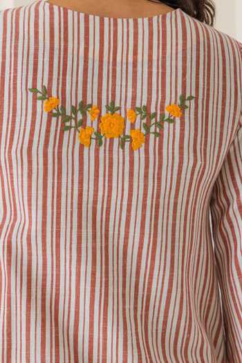 Shop_Dohr India_Ivory Cotton, Kota Doria, Silk Round Neck Savera Stripe Print Kurta Set 