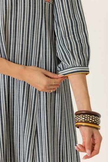 Dohr India_Black Cotton, Bemberg Round Neck, Yes Striped Slub Kurta Set _Online_at_Aza_Fashions