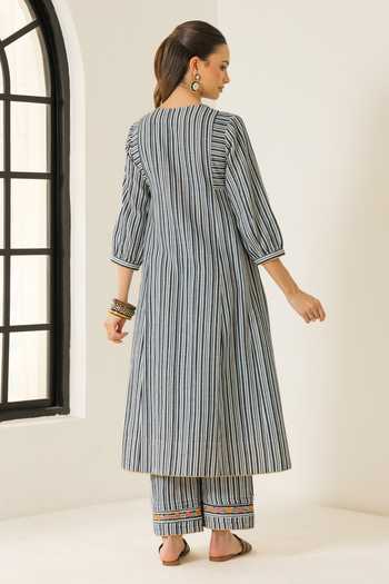 Shop_Dohr India_Black Cotton, Bemberg Round Neck, Yes Striped Slub Kurta Set _at_Aza_Fashions