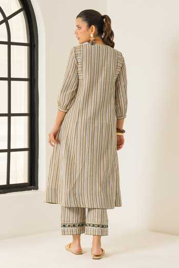 Shop_Dohr India_Ivory Cotton, Bemberg, Jacquard Round Neck Aaliyah Stripe Print Kurta Set _at_Aza_Fashions