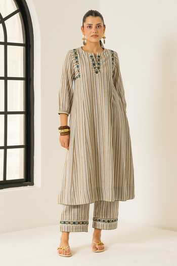 Shop_Dohr India_Ivory Cotton, Bemberg, Jacquard Round Neck Aaliyah Stripe Print Kurta Set _Online_at_Aza_Fashions