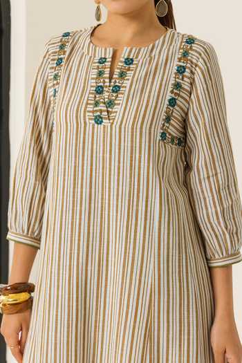 Shop_Dohr India_Ivory Cotton, Bemberg, Jacquard Round Neck Aaliyah Stripe Print Kurta Set 