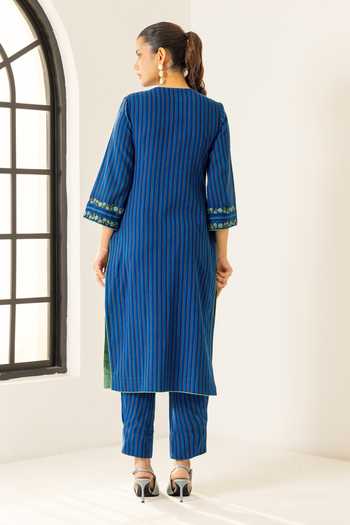 Shop_Dohr India_Blue Cotton, Bemberg, Jacquard V-neck Nyra Stripes Pattern Kurta Set _at_Aza_Fashions