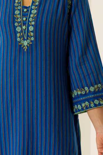 Buy_Dohr India_Blue Cotton, Bemberg, Jacquard V-neck Nyra Stripes Pattern Kurta Set 