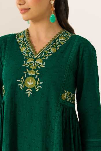 Dohr India_Emerald Green Cotton, Jacquard, Silk, Kota Doria Aizah Embroidered Kurta Set _Online