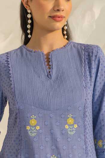 Dohr India_Blue Cotton, Jacquard, Bemberg Split V-neck, Yes Slub Kurta Set With Dupatta _Online_at_Aza_Fashions