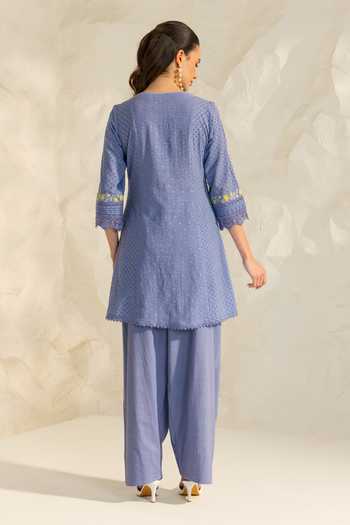 Shop_Dohr India_Blue Cotton, Jacquard, Bemberg Split V-neck, Yes Slub Kurta Set With Dupatta _at_Aza_Fashions