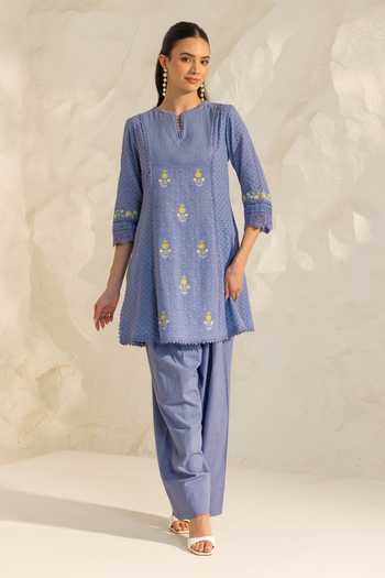 Buy_Dohr India_Blue Cotton, Jacquard, Bemberg Split V-neck, Yes Slub Kurta Set With Dupatta _Online_at_Aza_Fashions