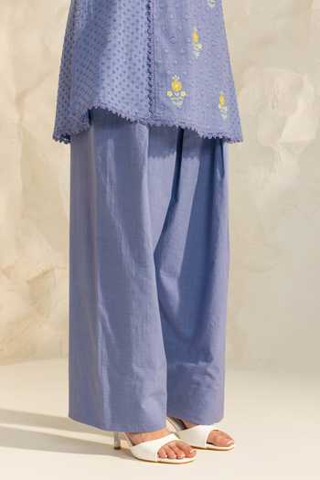 Buy_Dohr India_Blue Cotton, Jacquard, Bemberg Split V-neck, Yes Slub Kurta Set With Dupatta 