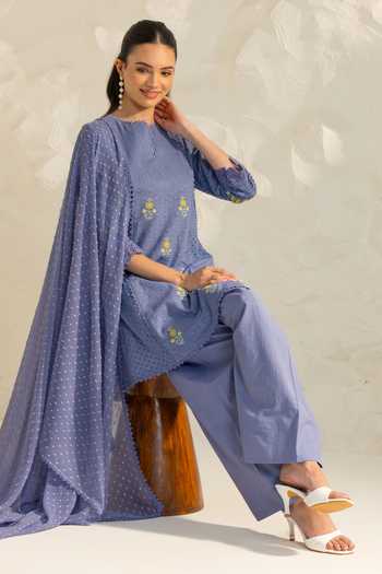 Shop_Dohr India_Blue Cotton, Jacquard, Bemberg Split V-neck, Yes Slub Kurta Set With Dupatta 