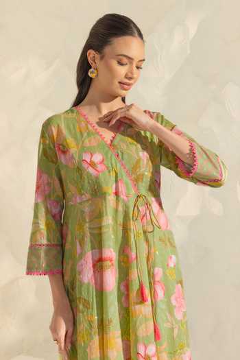 Dohr India_Green Cotton, Silk V-neck, Yes Riva Printed Kurta Set _Online_at_Aza_Fashions
