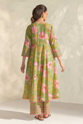 Shop_Dohr India_Green Cotton, Silk V-neck, Yes Riva Printed Kurta Set _at_Aza_Fashions