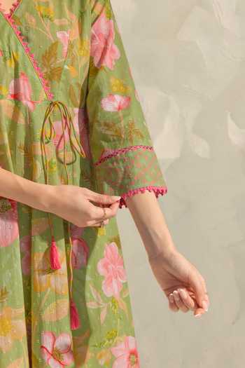Shop_Dohr India_Green Cotton, Silk V-neck, Yes Riva Printed Kurta Set _Online_at_Aza_Fashions