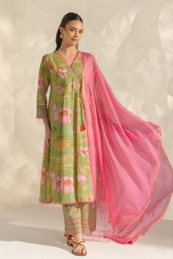 Buy_Dohr India_Green Cotton, Silk V-neck, Yes Riva Printed Kurta Set _at_Aza_Fashions