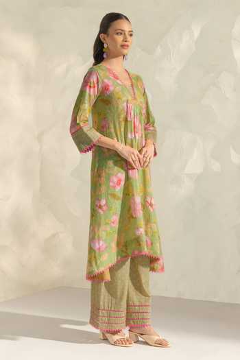 Dohr India_Green Cotton, Silk, Kota Doria V-neck Ranya Printed Kurta Set _Online_at_Aza_Fashions
