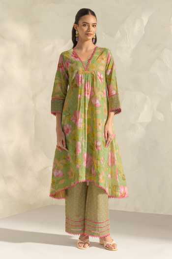 Buy_Dohr India_Green Cotton, Silk, Kota Doria V-neck Ranya Printed Kurta Set _Online_at_Aza_Fashions